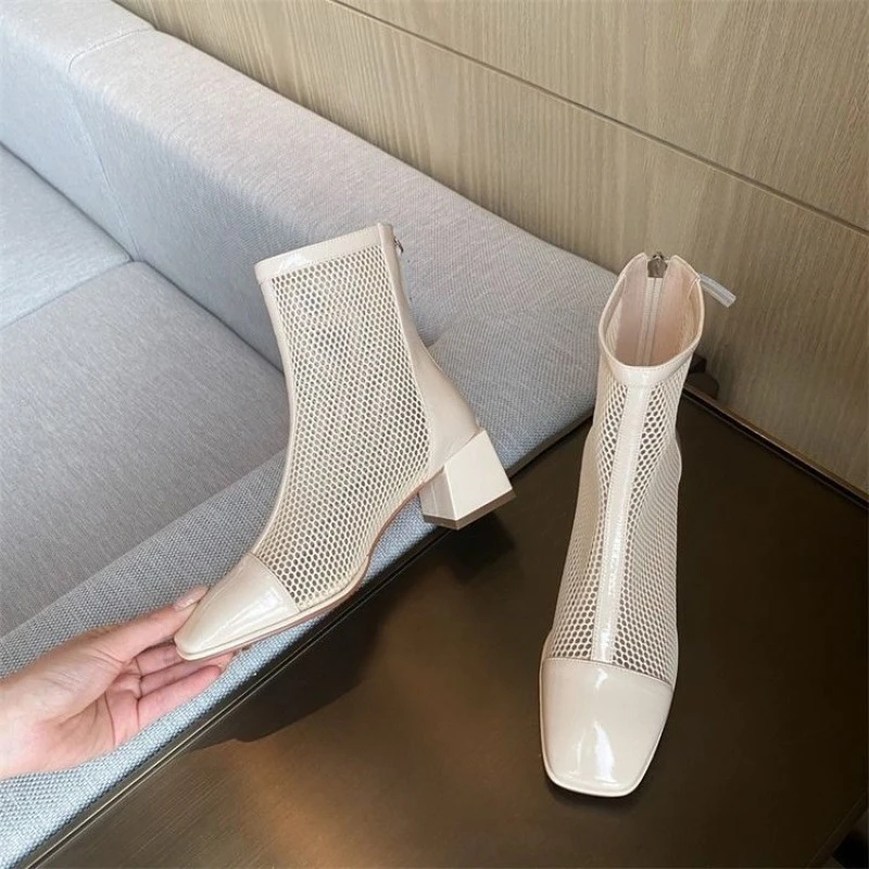 新款夏季透气网布短靴粗跟公主风凉鞋女潮黑色米白3539码广东揭阳