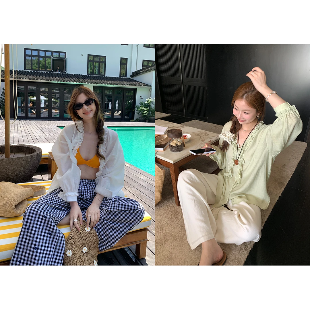 im向 蜜瓜冰萃~天丝肌理感木耳边V领薄款防晒衬衫