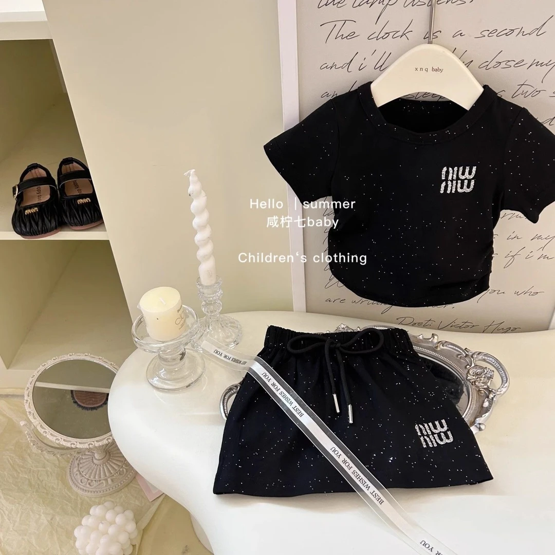 女童短袖套装夏季新款韩版洋气T恤烫钻上衣休闲洋气半身裙两件套