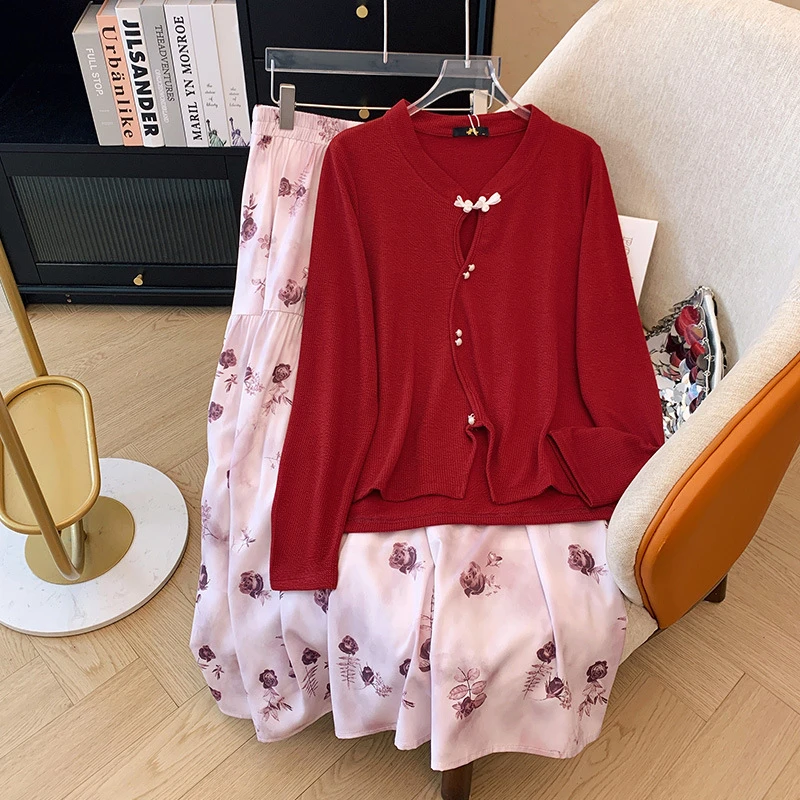 300斤特大码女装胖mm红色针织衫+高腰碎花半身裙国风套装春秋新款