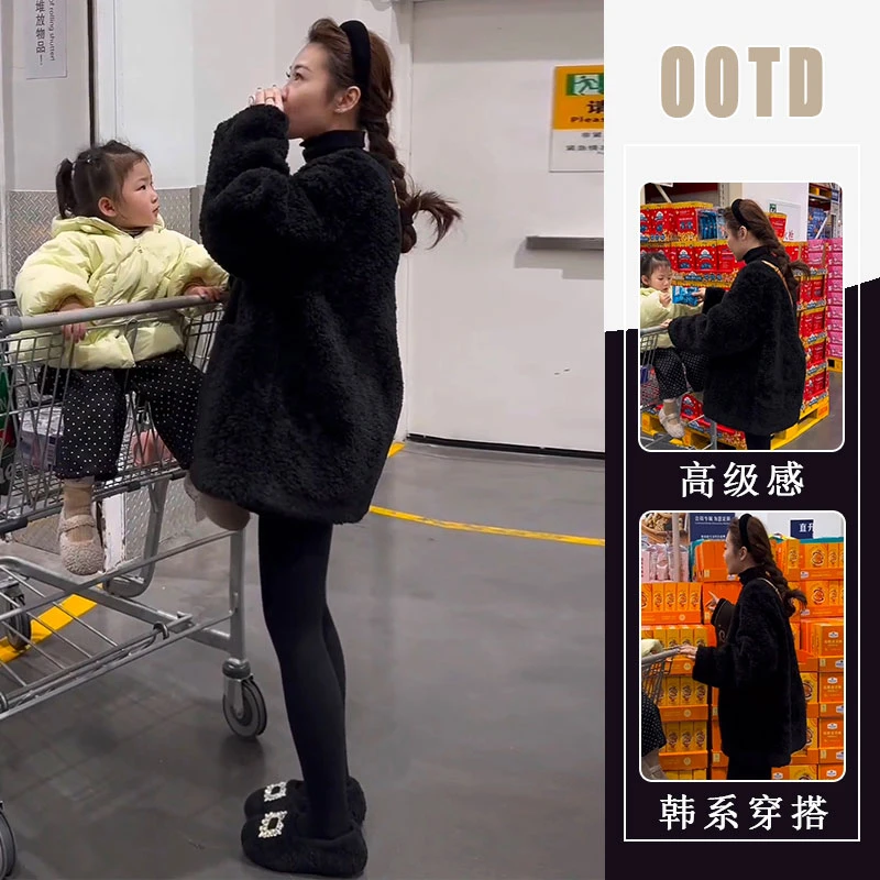 简约中长款宽松软糯毛呢外套女2025秋冬季新款时尚百搭毛毛上衣潮