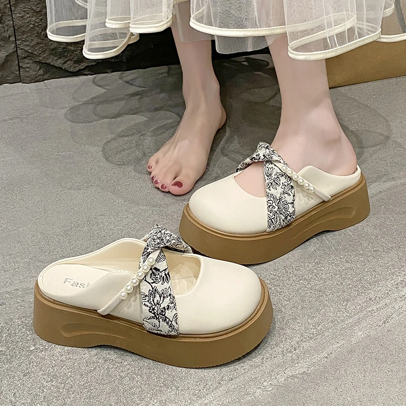 包头半拖鞋女2025新款春夏季外穿防滑百搭松糕厚底懒人一脚蹬单鞋