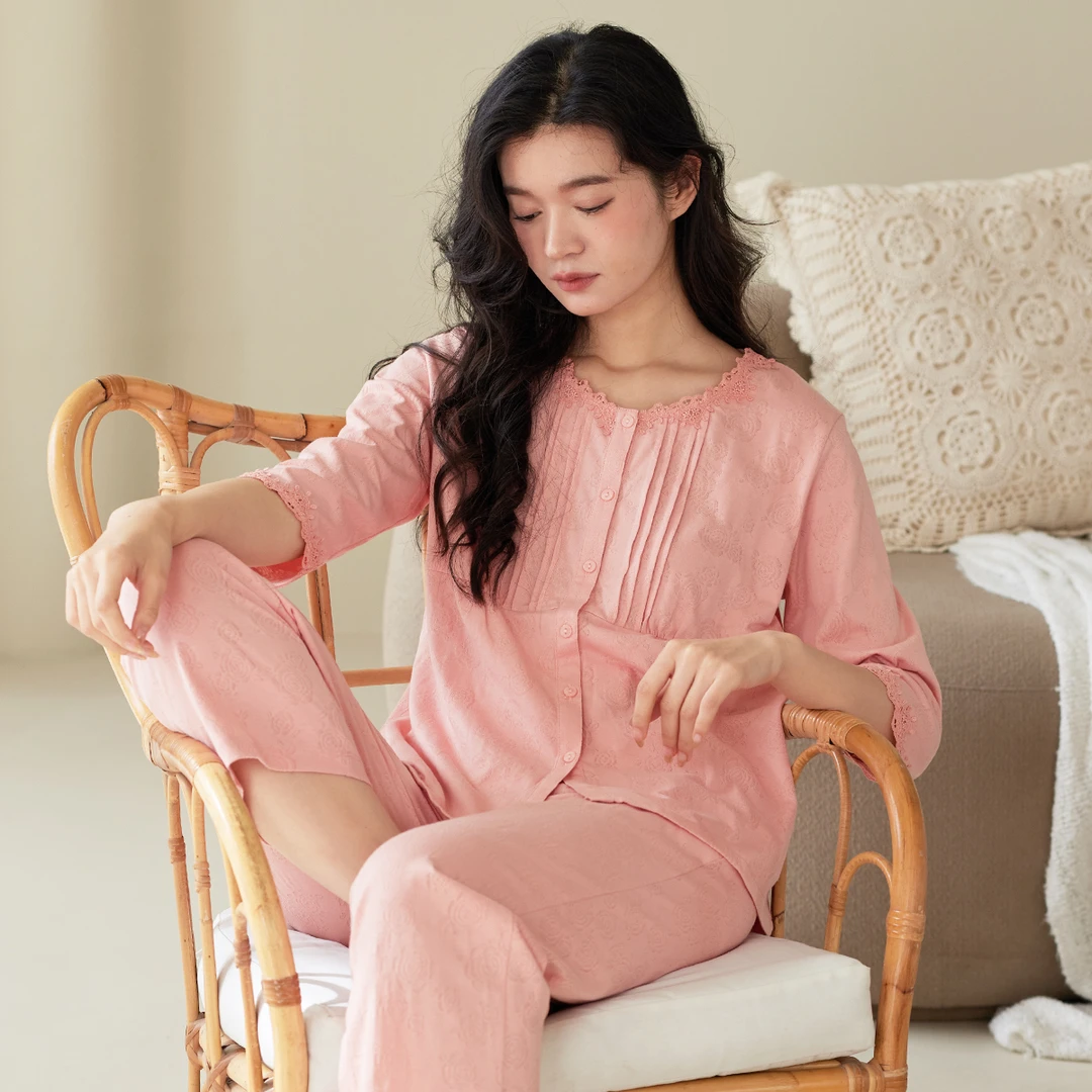 秋鹿[小玫瑰提花]睡衣春秋女薄款雅致气质花纹七分袖九分裤女士