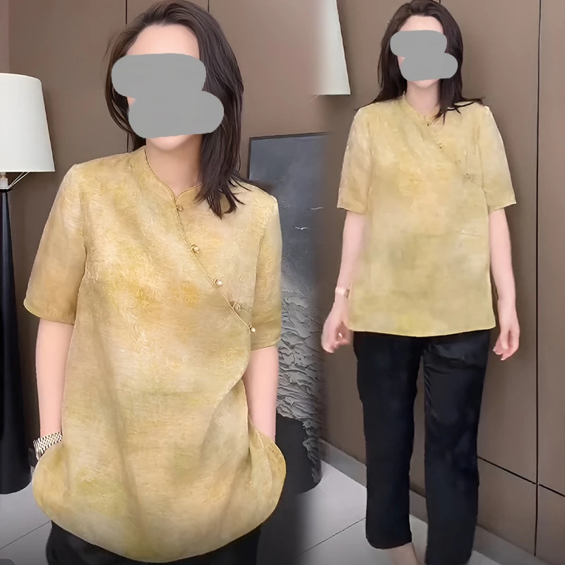 新中式国风纯色短袖胖mm衬衫女2025夏季新款提花盘扣减龄大码上衣