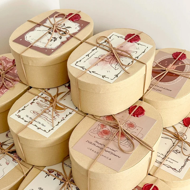 鲜花包装简约牛皮色礼盒花盒烘焙饼干包装椭圆形小众高级感伴手礼