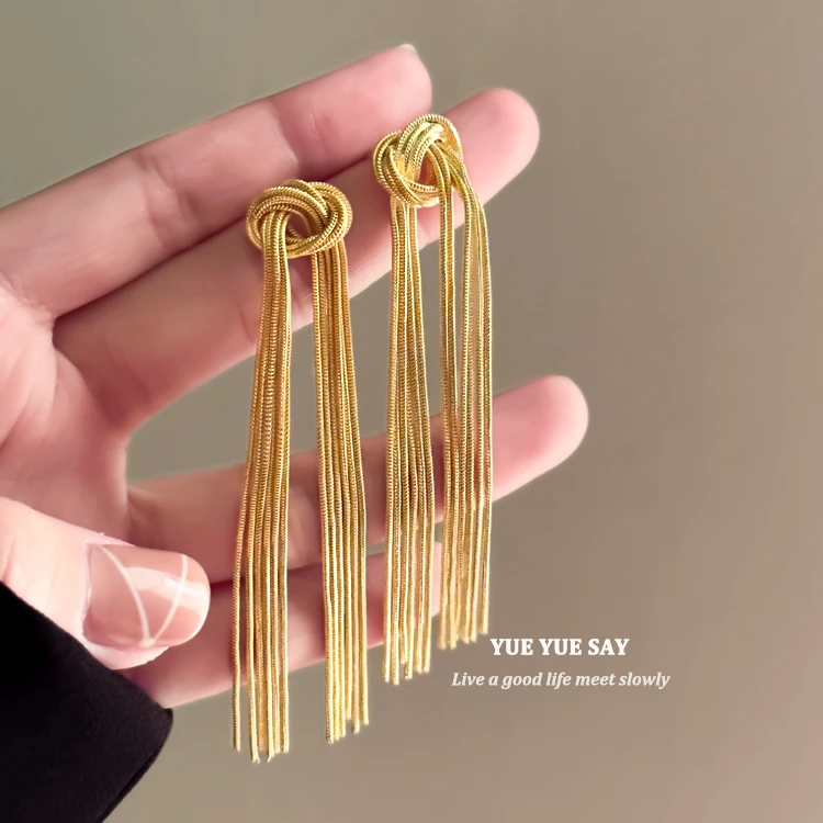 铜合金耳饰 复古高级感金色链条长款流苏耳环金属打结耳饰570