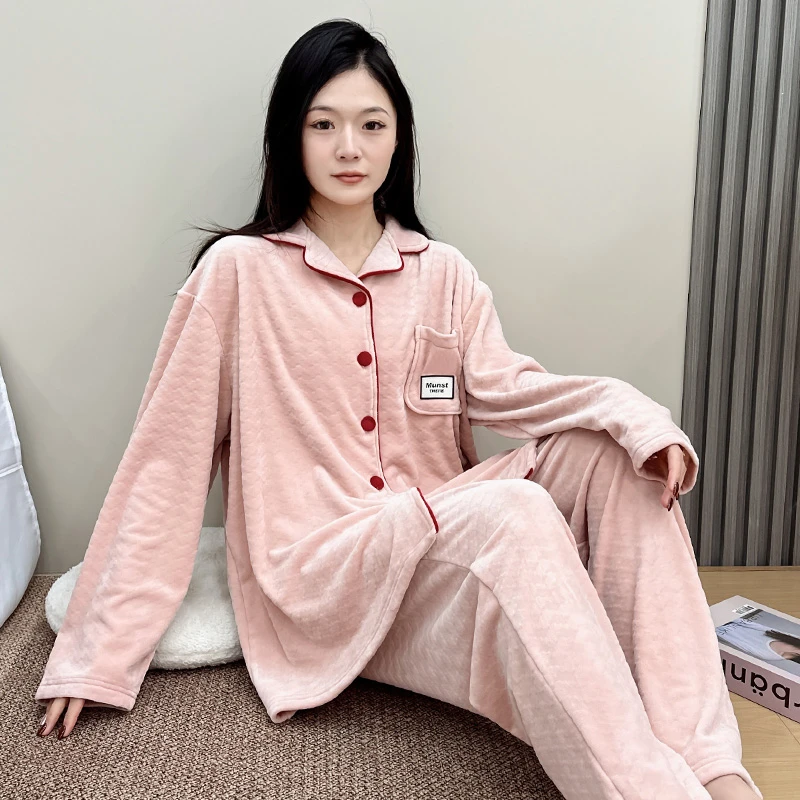 秋冬大码中等加厚睡衣胖mm加肥家居服可外穿长袖卡通翻领保暖套装
