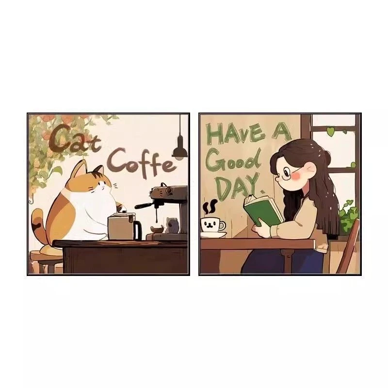 中古风美式卡通猫咪复古客厅装饰画沙发背景墙咖啡店壁画FR08