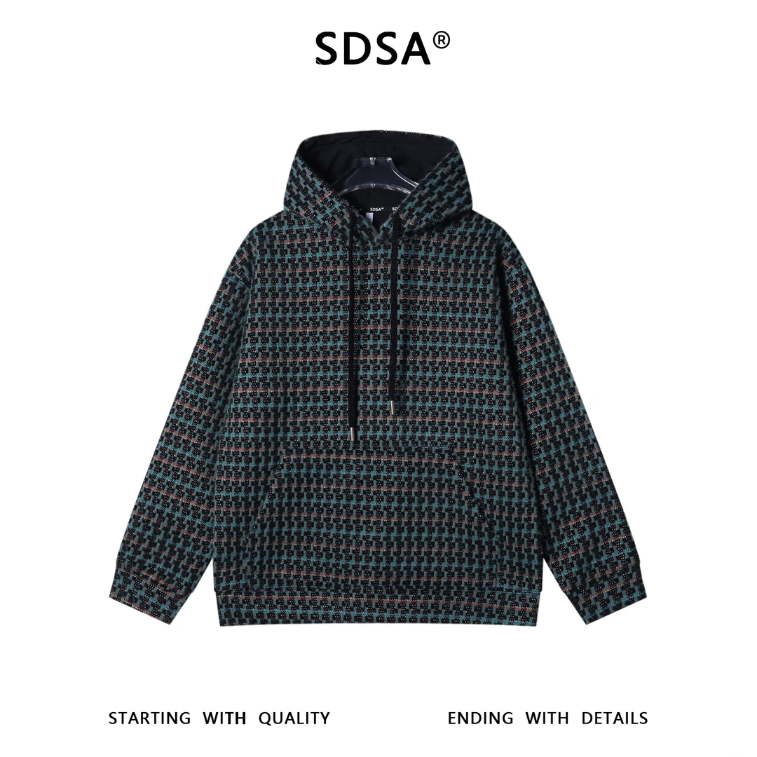 SDSA男士秋冬新款痞帅男装彩色条纹撞色格子抽绳连帽卫衣百搭宽松