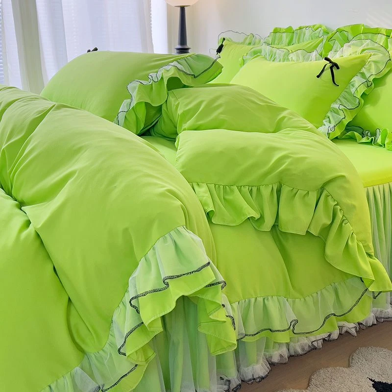 韩版水洗棉床裙四件套纯色公主加厚荷叶边蕾丝被套少女心公主风