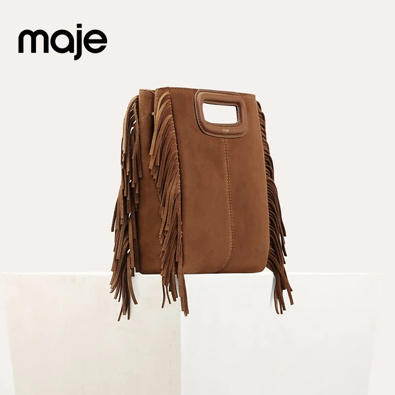 Maje经典款女式设计感驼色流苏边法式简约背提包女包MFASA00210