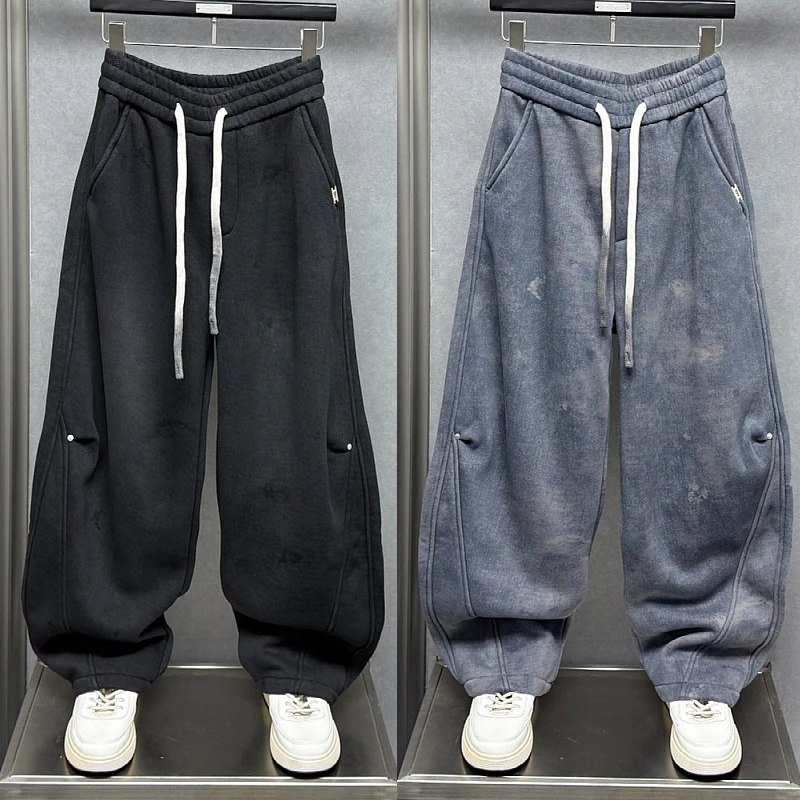 秋冬新款美式加绒休闲拼接弯刀裤男士痞帅直筒时尚渐变运动卫裤