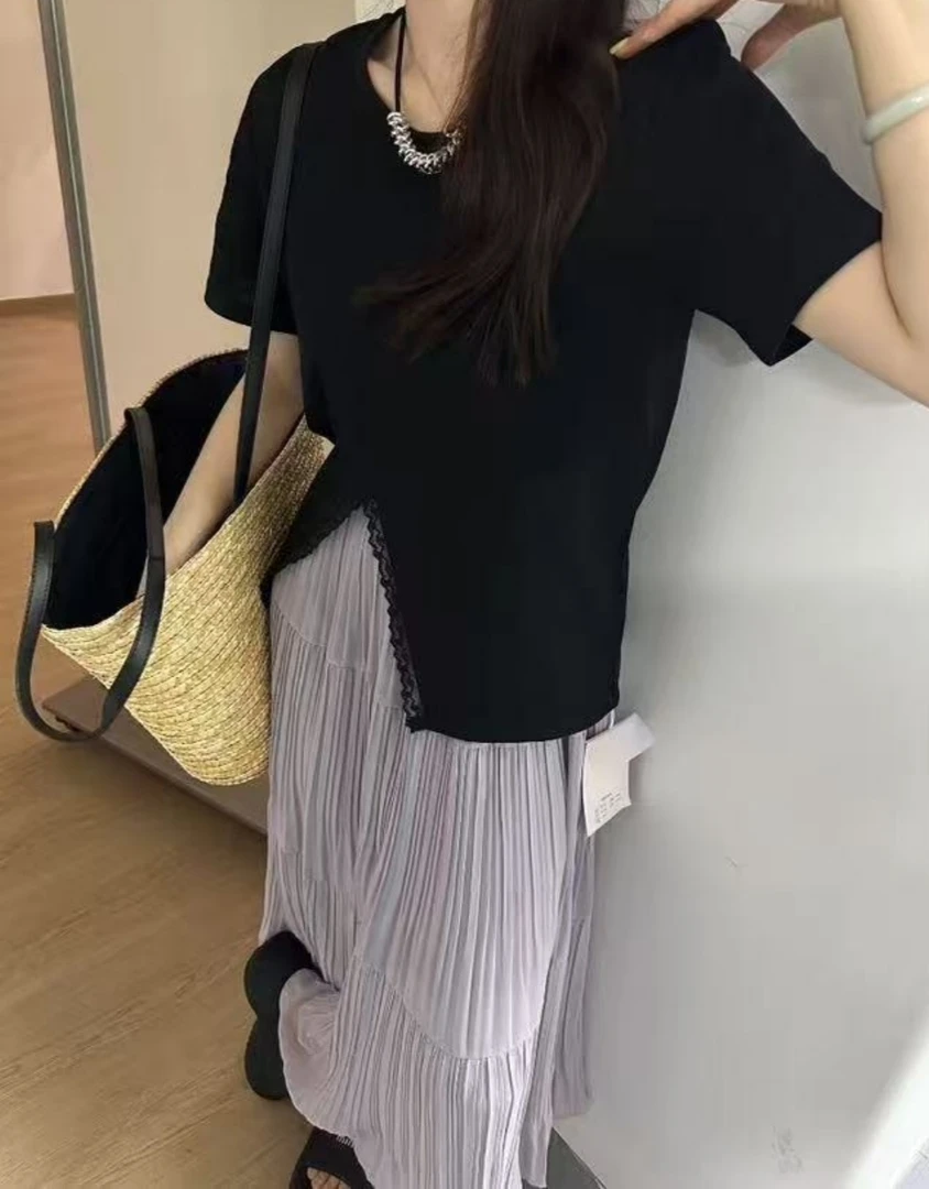 Manmi 蕾丝拼接侧边开衩短袖T恤  908（C2）