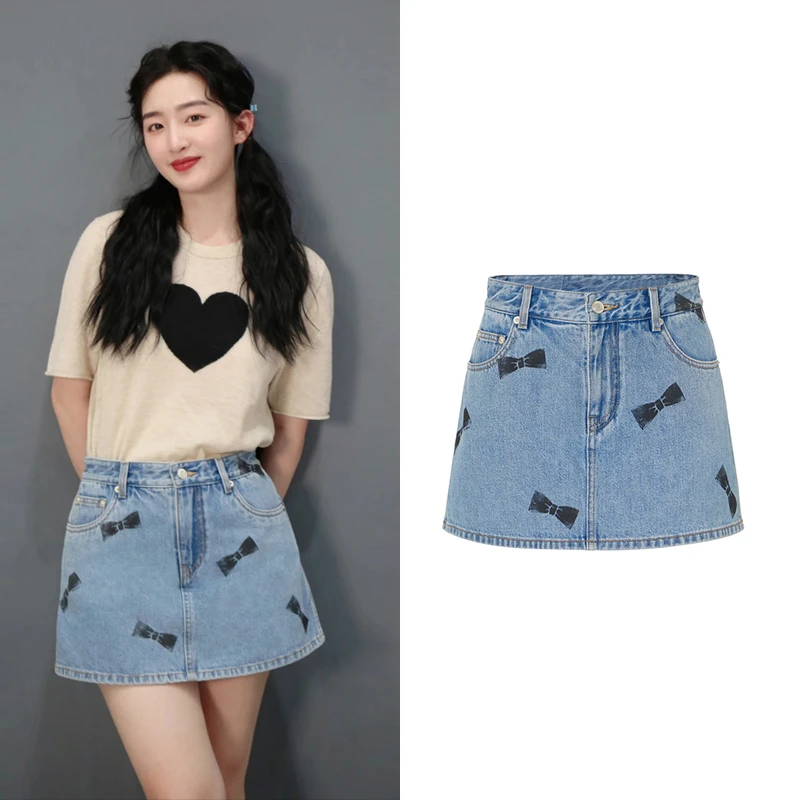 4185【M】邓恩熙明星同款蝴蝶结洗水印花土耳其棉牛仔裙裤美式短裙