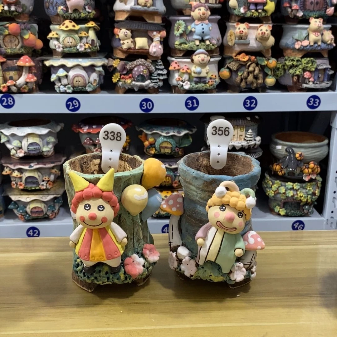 可****料白狐粗陶手捏花盆