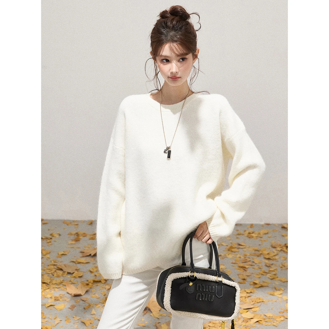 谢不肉 简约灰色圆领套头长袖毛衣女秋冬韩版休闲宽松上衣51045