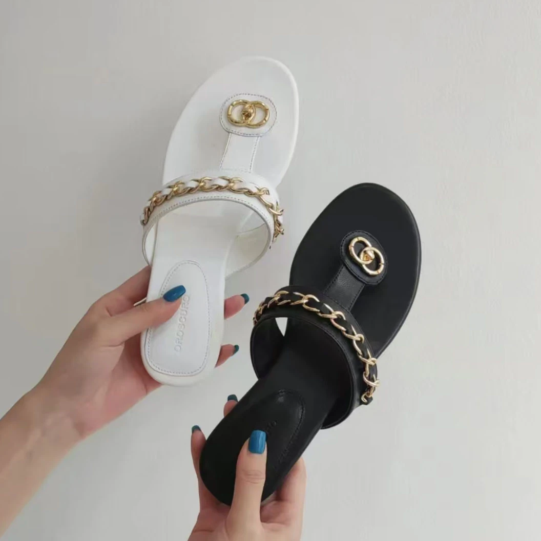 韩版小香风金属链条平底凉鞋夏季休闲复古拖鞋人字拖50527