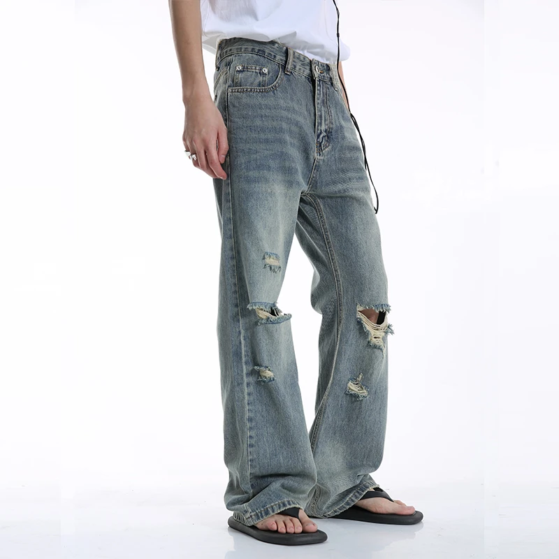 Voguo Relay原创自制复古水洗蓝色微喇破洞破洞中腰牛仔裤男女