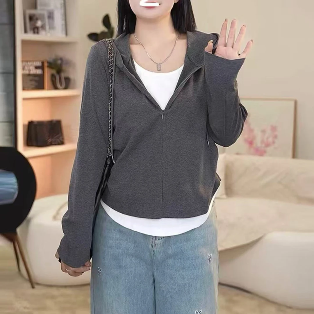 欧货大码女装假两件连帽上衣秋季显瘦长袖减龄衫