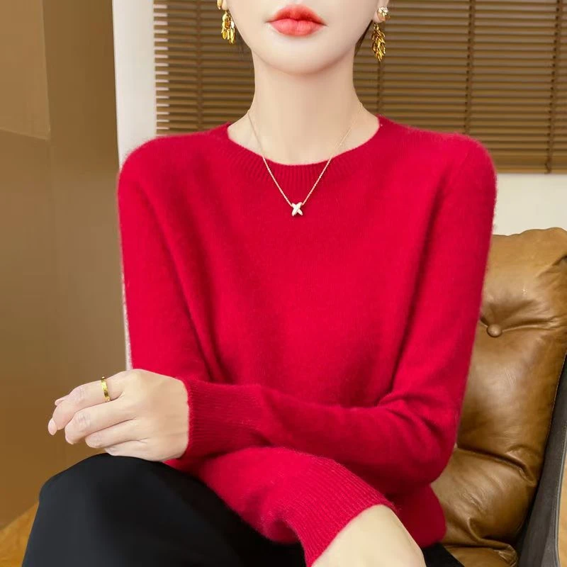 100%羊毛衫 本命年新年红针织衫女圆领毛衣百搭秋冬季软糯打底衫