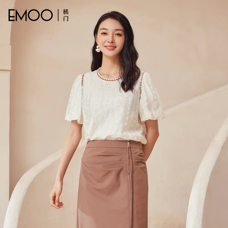 EMOO/杨门时尚套装镂空休闲纯色百搭夏套头衫短袖气质E24T023267