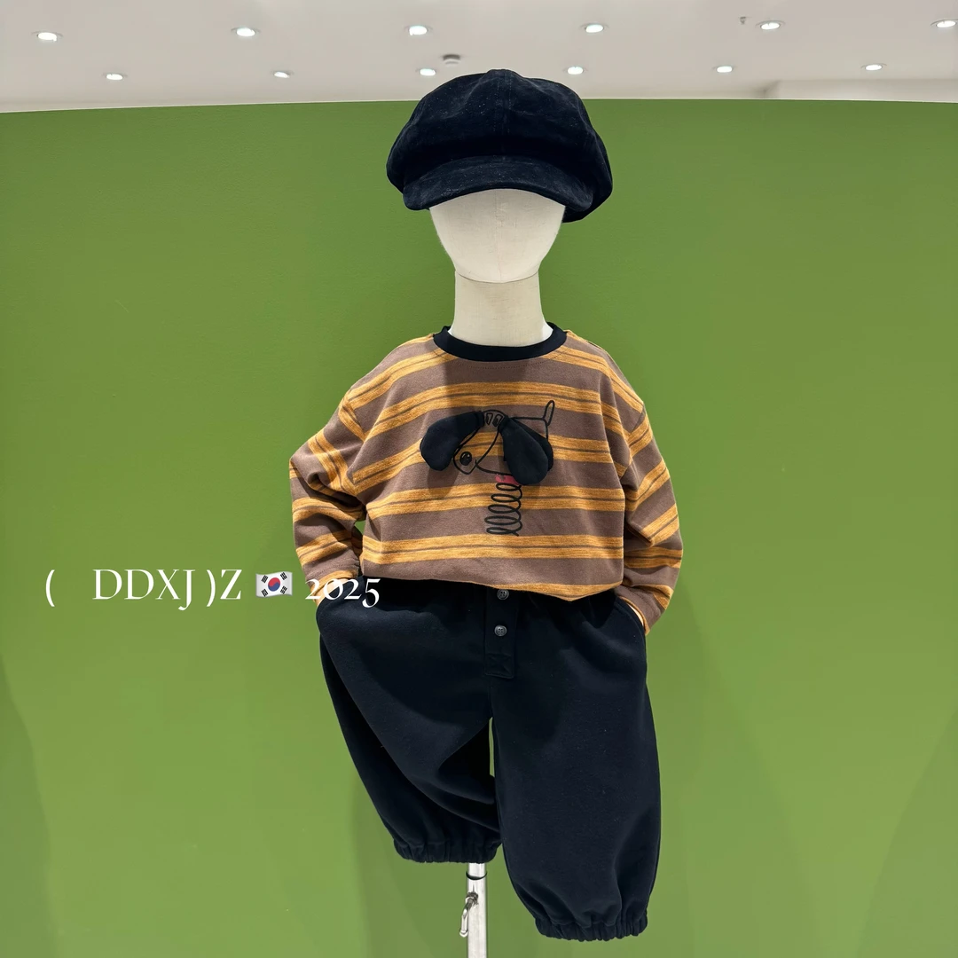 【现货】【W+韩系童装】韩系儿童百搭可单穿条纹立体小狗长袖T恤25271