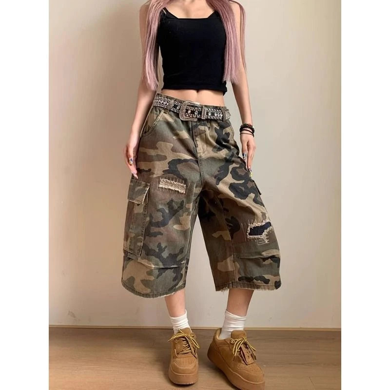 美式破洞补丁直筒迷彩七分裤男女宽松休闲短裤高级感帅气运动中裤