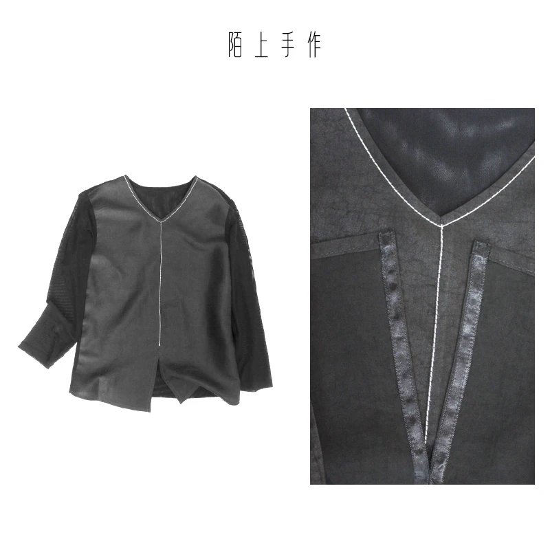 陌上手作简约桑蚕丝香云纱红油龟拼接网纱文艺V领T恤黑龟纹上衣