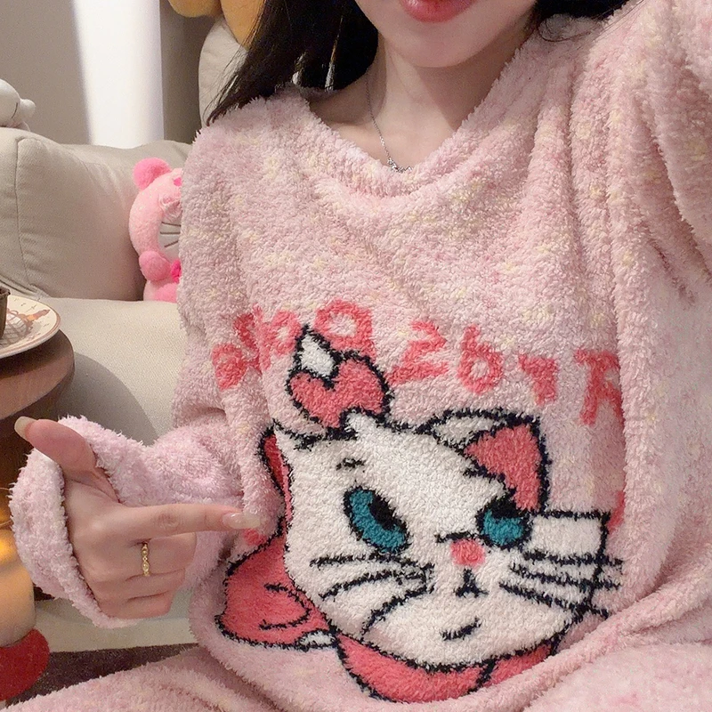 软绵绵玛丽猫睡衣女半边绒秋冬季长袖长裤甜妹加厚保暖家居服套装