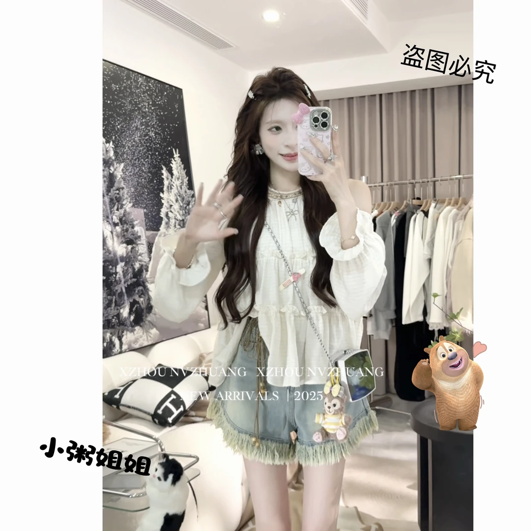 【XZ002】气质时尚挂脖露肩长袖衬衫女2025夏季新款设计感宽松上衣