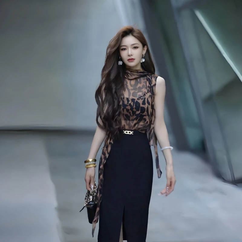 蕾丝衬衫镂空法式无袖印花成人拼接上衣豹纹INS风时尚性感法式T恤