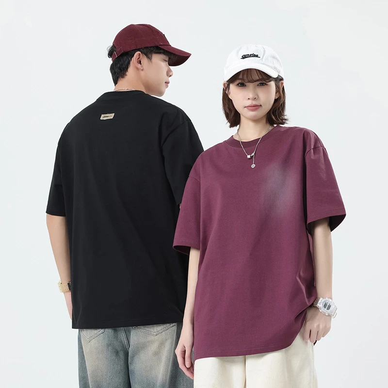 男装夏季潮牌喷染印花宽松情侣短袖T恤重磅棉混纺创意趣味日常欧