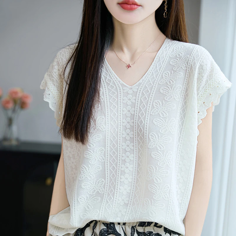V领立体钩花蕾丝拼接短袖女夏莱赛尔天丝针织T恤衫宽松小飞袖上衣