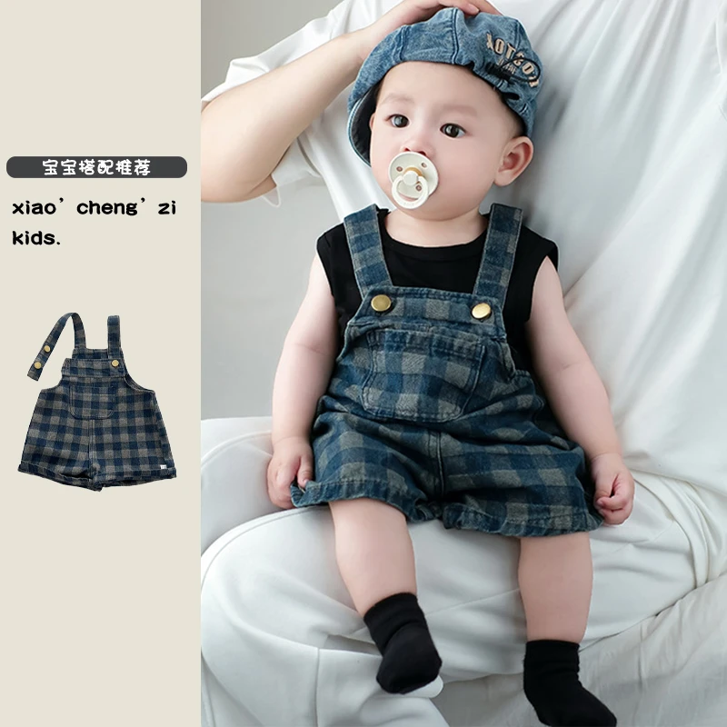 T24X111男童夏季格子背带短裤宝宝洋气休闲宝宝宽松韩版连体裤子