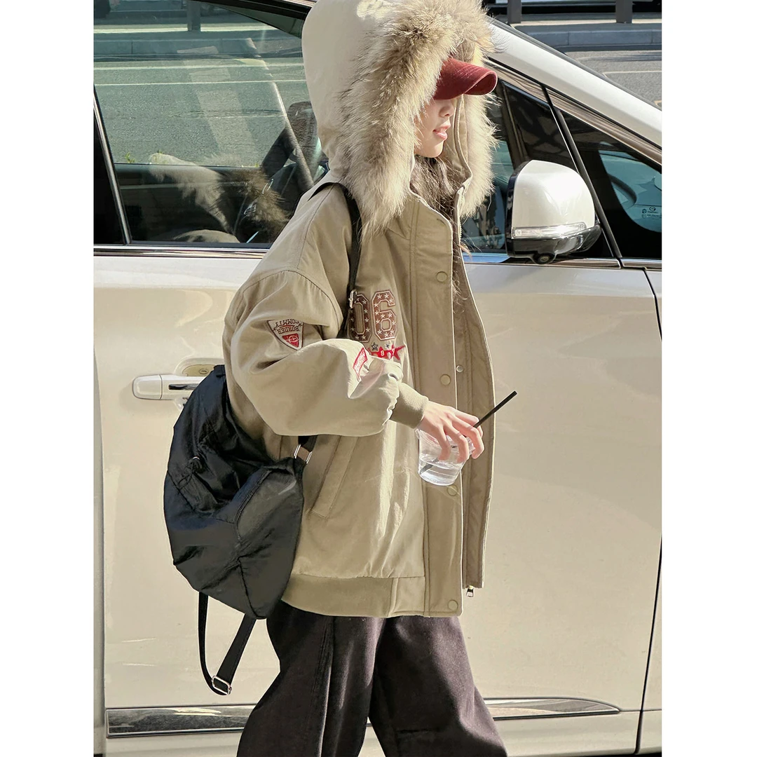 K30485徽章女童夹棉加厚派克服2025新款秋冬装儿童毛领加厚外套潮