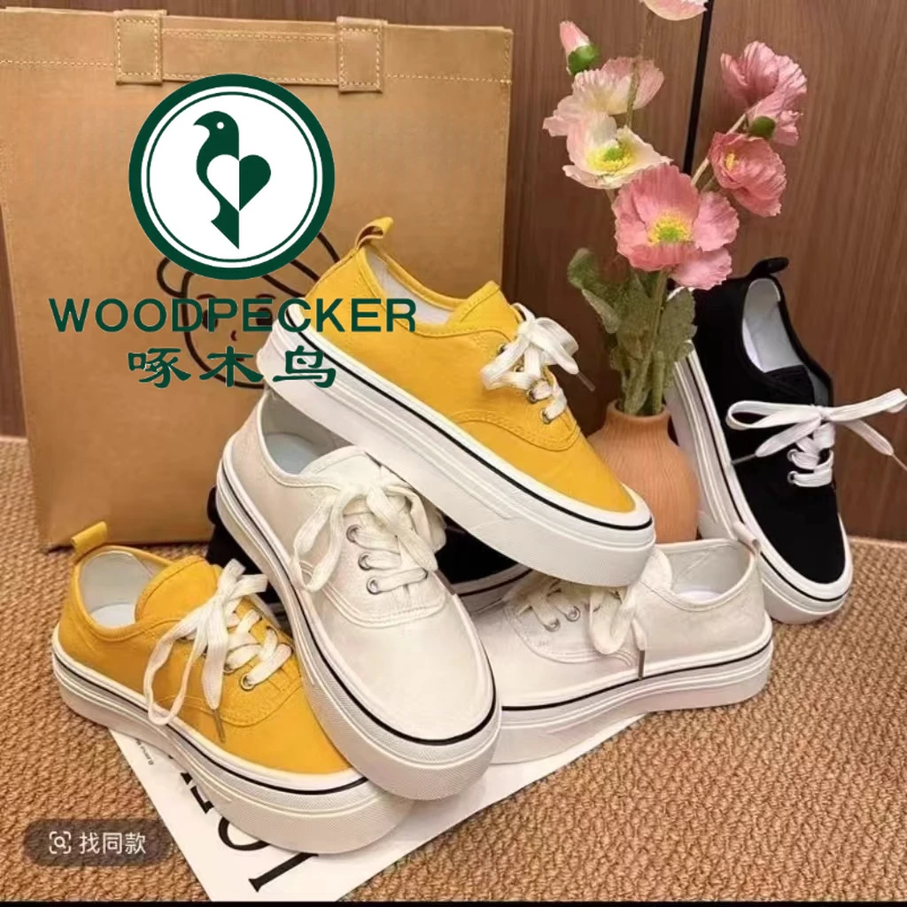 啄木鸟黄色厚底帆布鞋女2025新款春夏百搭透气小白鞋增高休闲板鞋