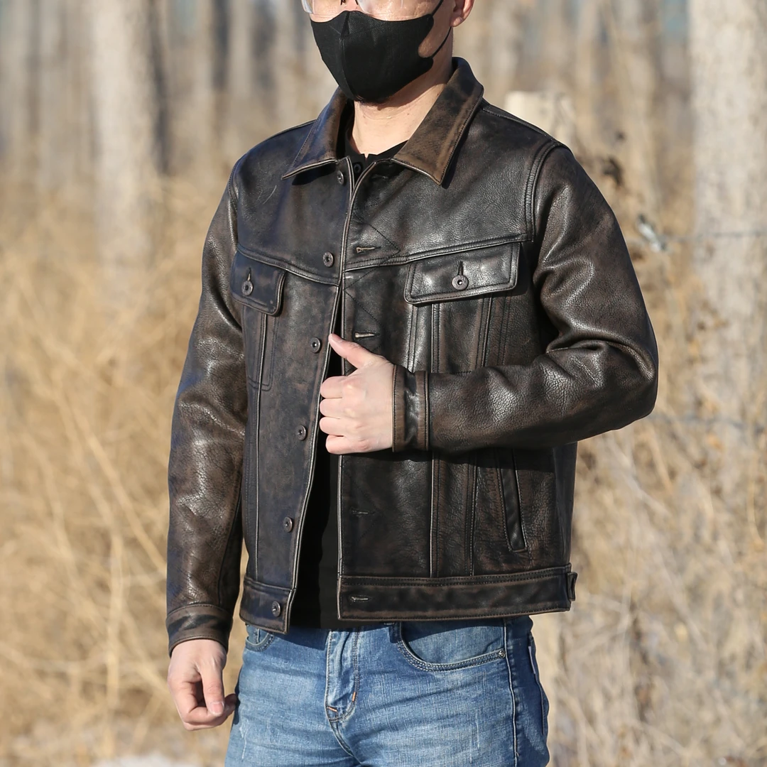 欧美复古做旧牛仔牛皮经典百搭潮流修身男士真皮翻领水洗休闲街头