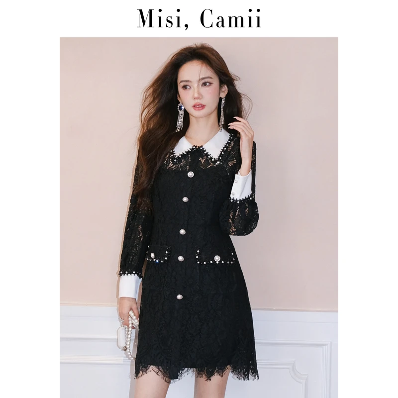 Misi,Camii【达人专属】珠饰撞色长袖翻领高腰蕾丝镂空拼接连衣裙