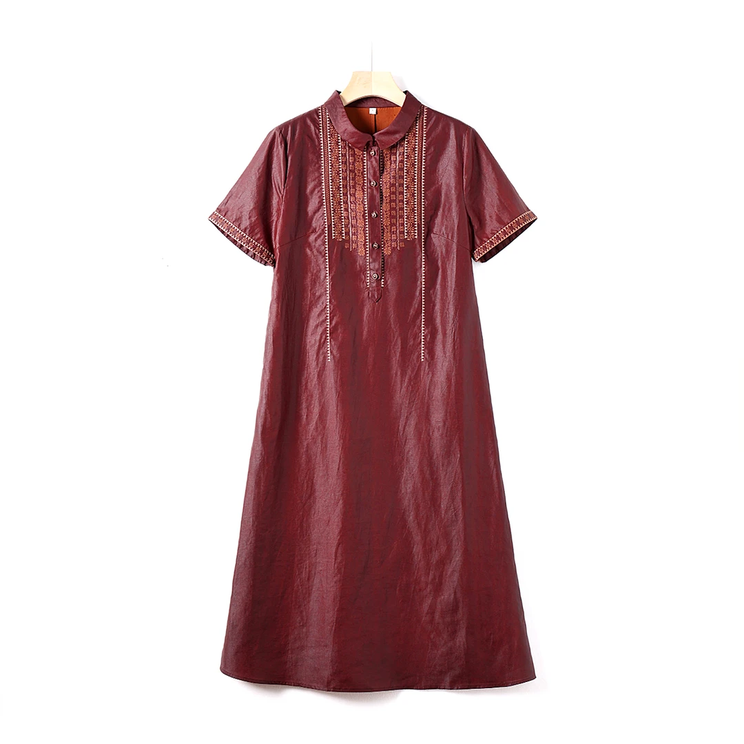 【澜亭絮絮】桑蚕丝香云纱龟纹老料重工刺绣翻领连衣裙25363