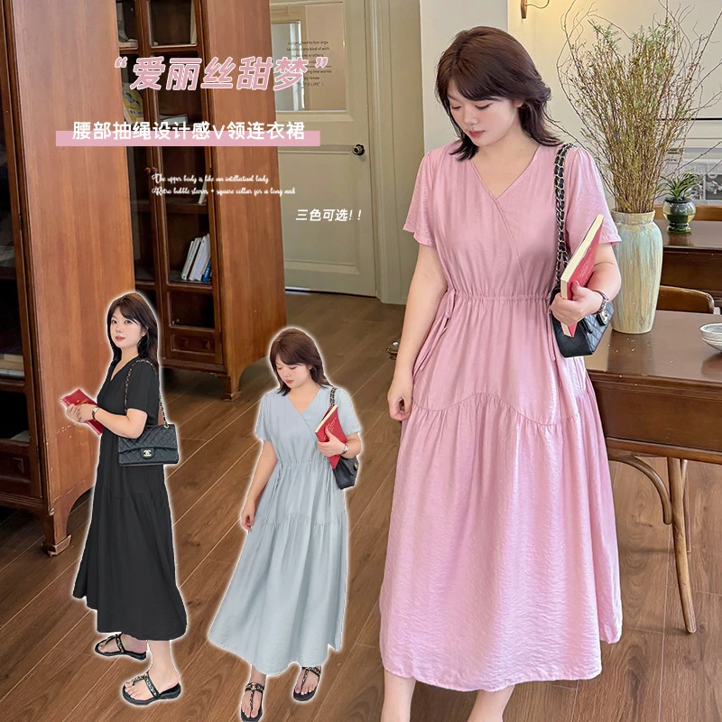伊诺大码女装气质领短袖连衣裙2025夏新款温柔风收腰A字裙262571