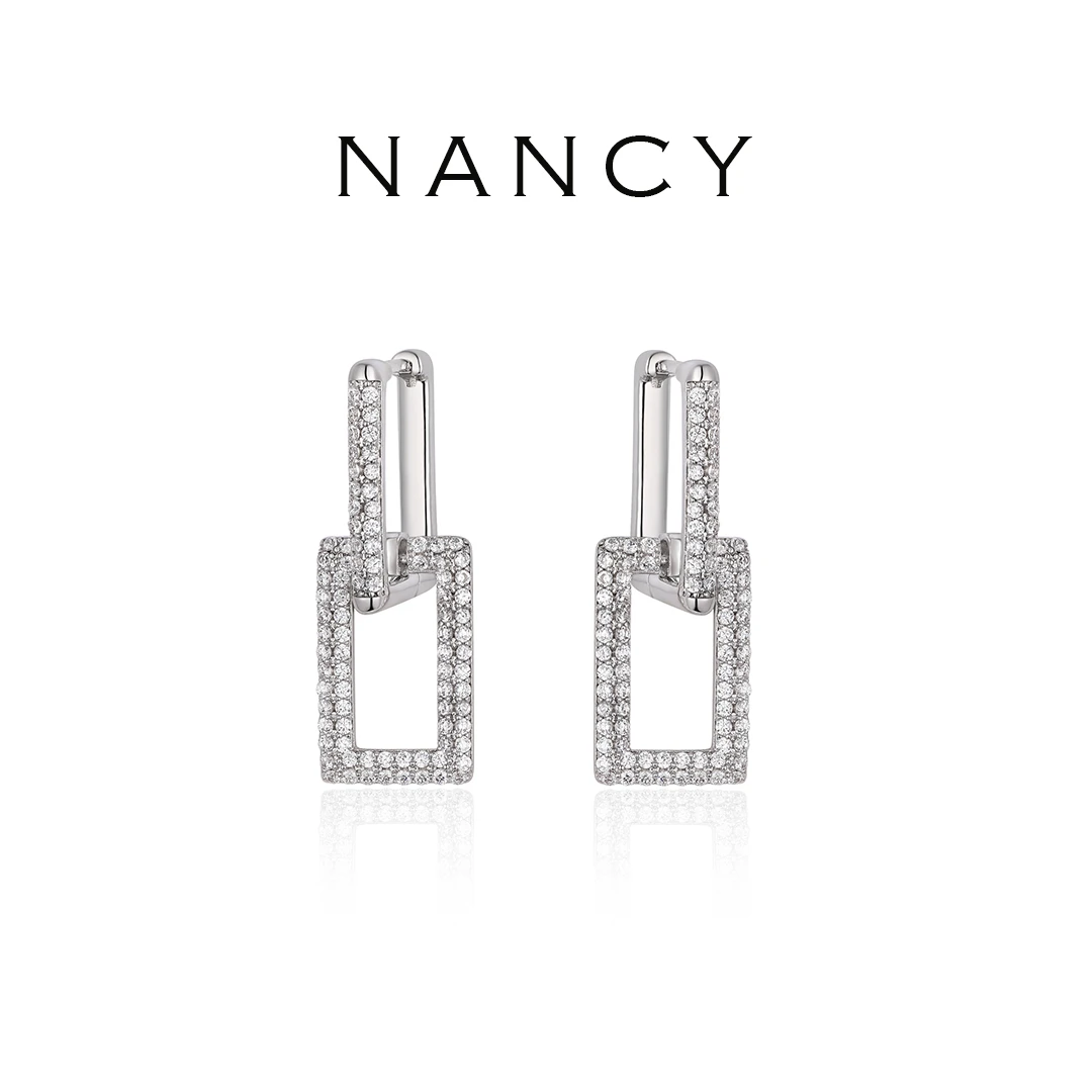 铜合金锆石耳饰 银色满镶锆石方扣耳环小众轻奢环环相扣N10231