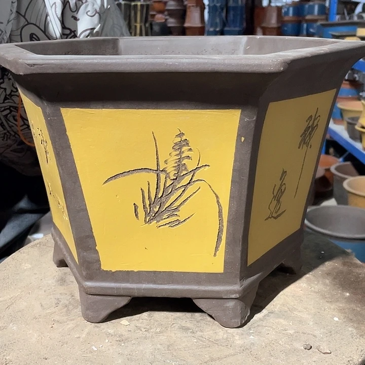 紫砂40黄色六方花盆