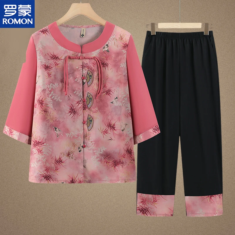 罗蒙品牌妈妈夏装衬衫休闲套装女2025新款中老年人奶奶夏季两件套
