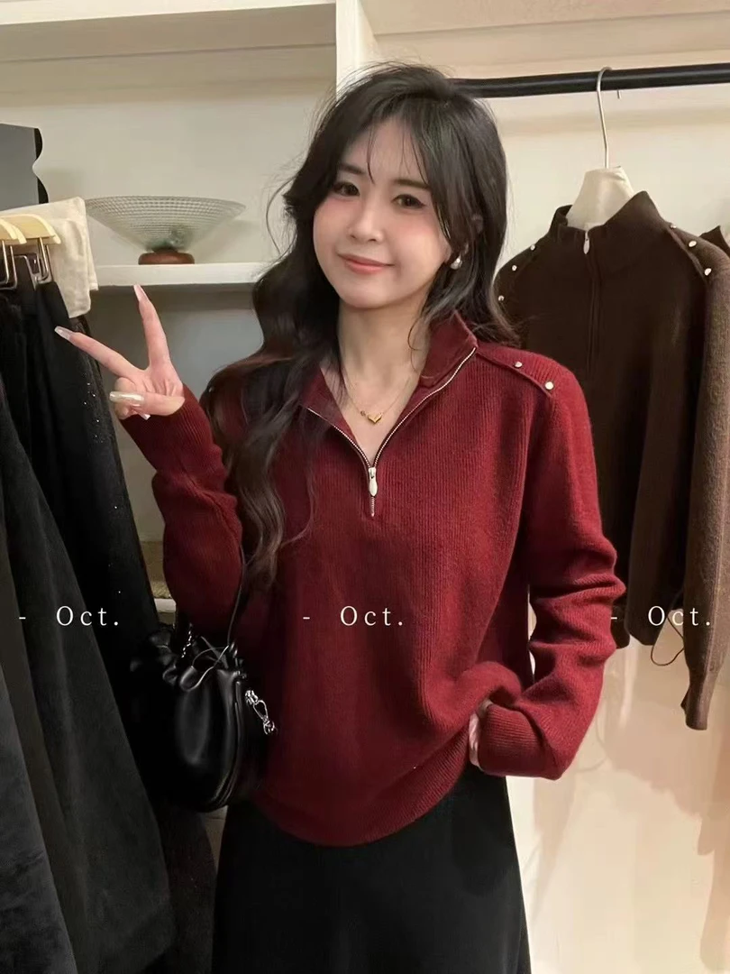 冬季新款立领半开针织上衣3546