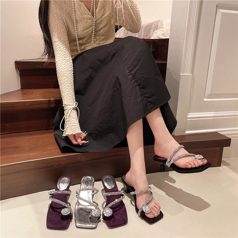 【全额补运费】方头法式套趾一脚蹬水钻时装凉鞋夏季网红夹趾仙女风