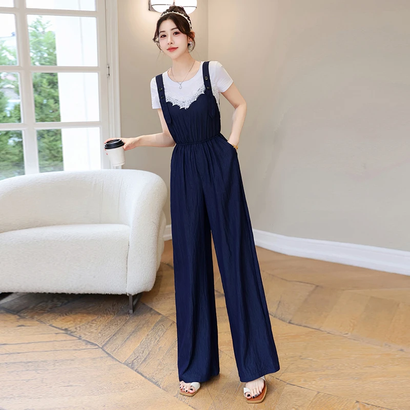 拉夏贝尔洋气牛仔背带阔腿裤套装女夏2025年夏季新款吊带连体裤潮