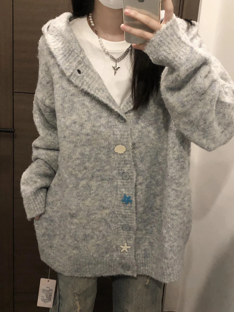 2025新款针织慵懒风连帽毛针织衫春秋百搭毛衣冬季秋季开衫