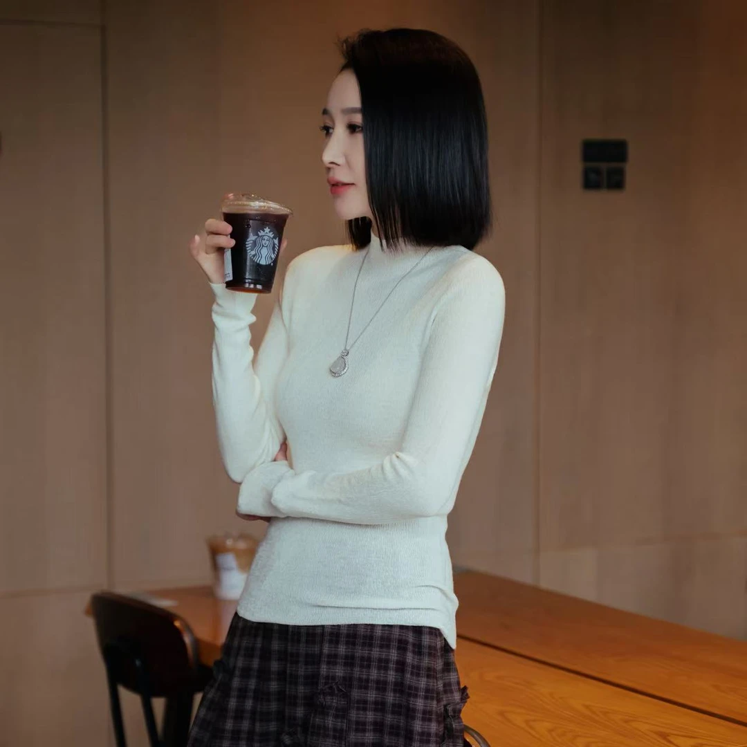 【珍珠纹】100%黄金羊毛精纺打底衫18针双股100毛条极细柔软#1095