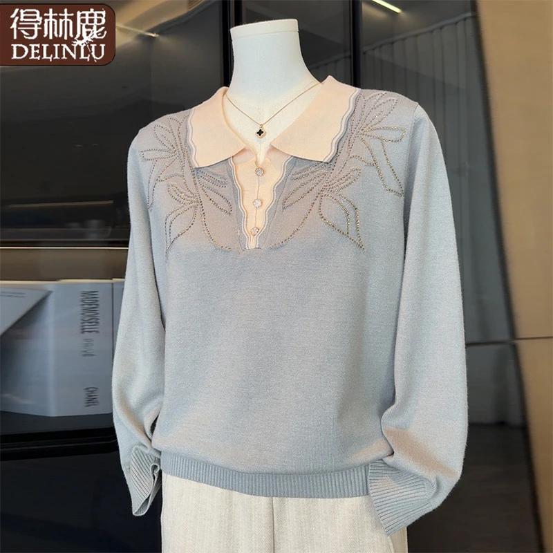 2025新款中年妈妈秋装洋气针织打底衫中老年女装春秋翻领长袖毛衣