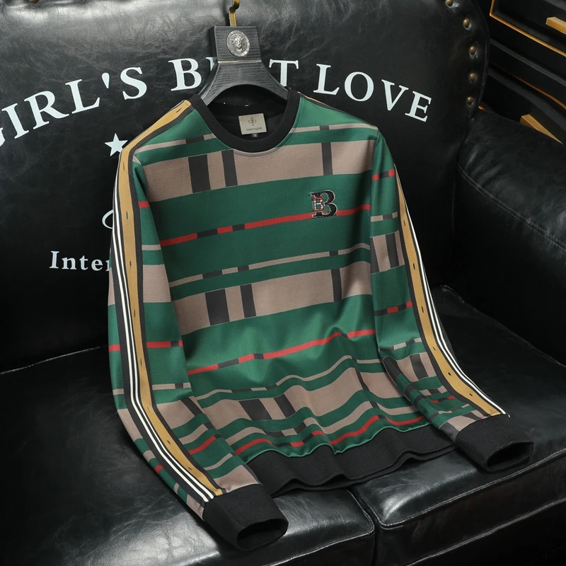 希敦纽勒欧货潮B字母格纹卫衣男秋冬拼接高级感花色长袖t恤打底衫
